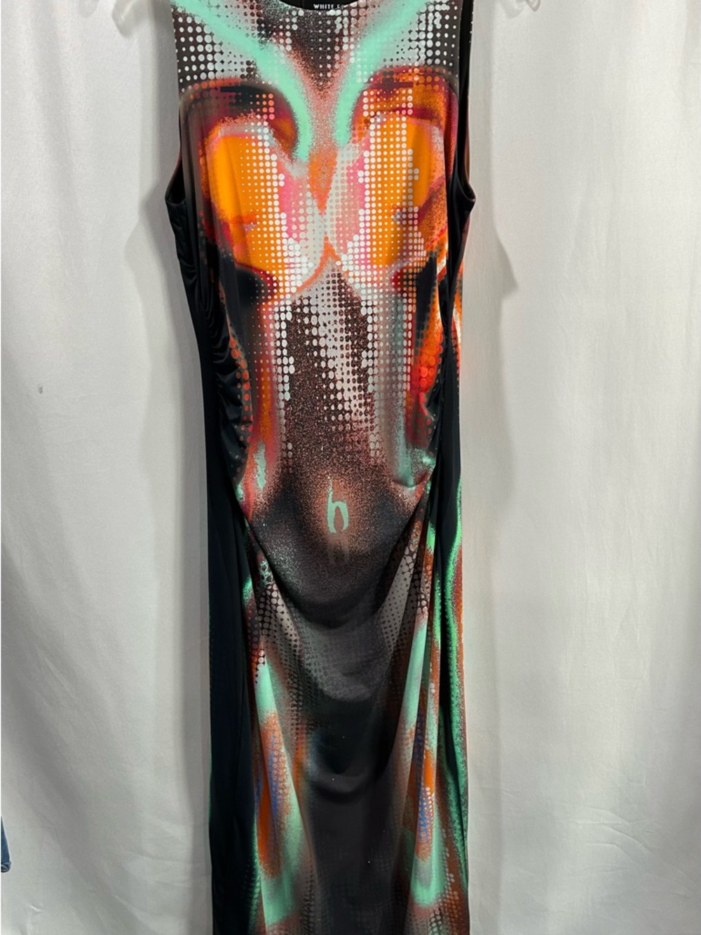 White Fox Boutique Black Maxi Dress with Orange and Teal Abstract Print